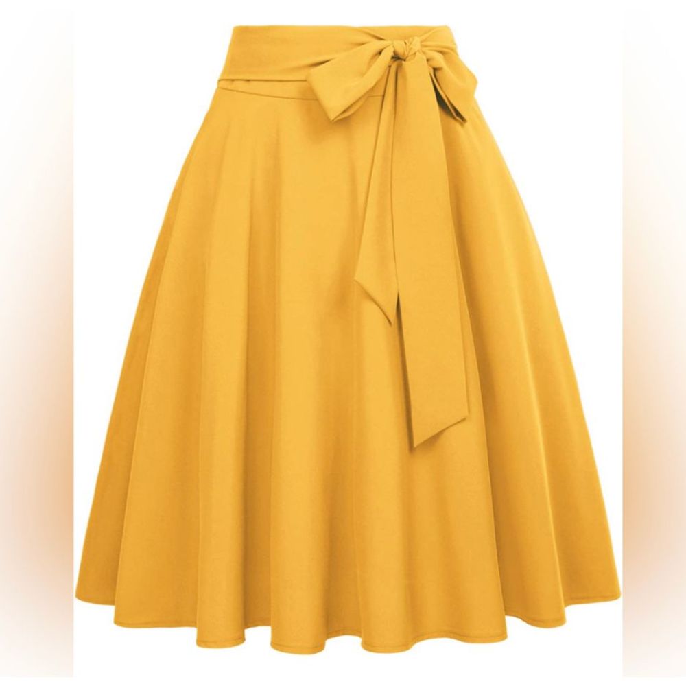 Womens Mustard SZ M High Waist Pockets Skirt Skater Flared Midi Skirt